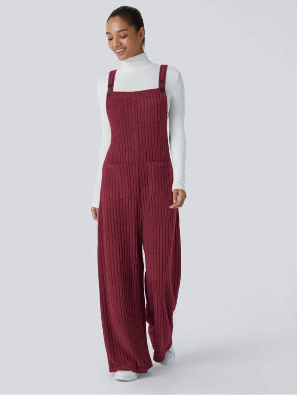 Halara Ribbed Knit Pockets Casual Overalls in Red